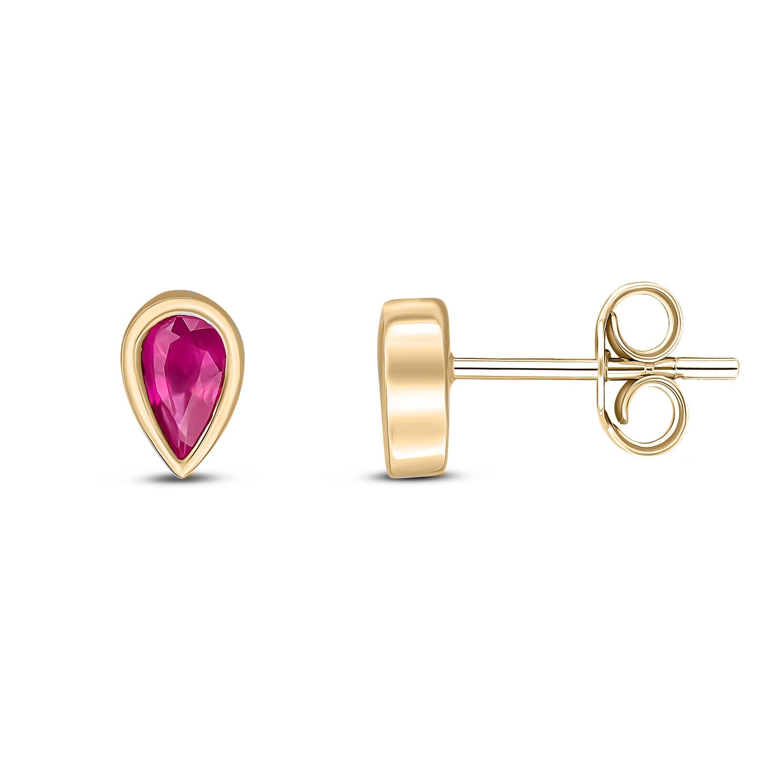 9ct Yellow Gold Pear Shaped Natural Ruby Rubover Stud Earrings — 5x3mm