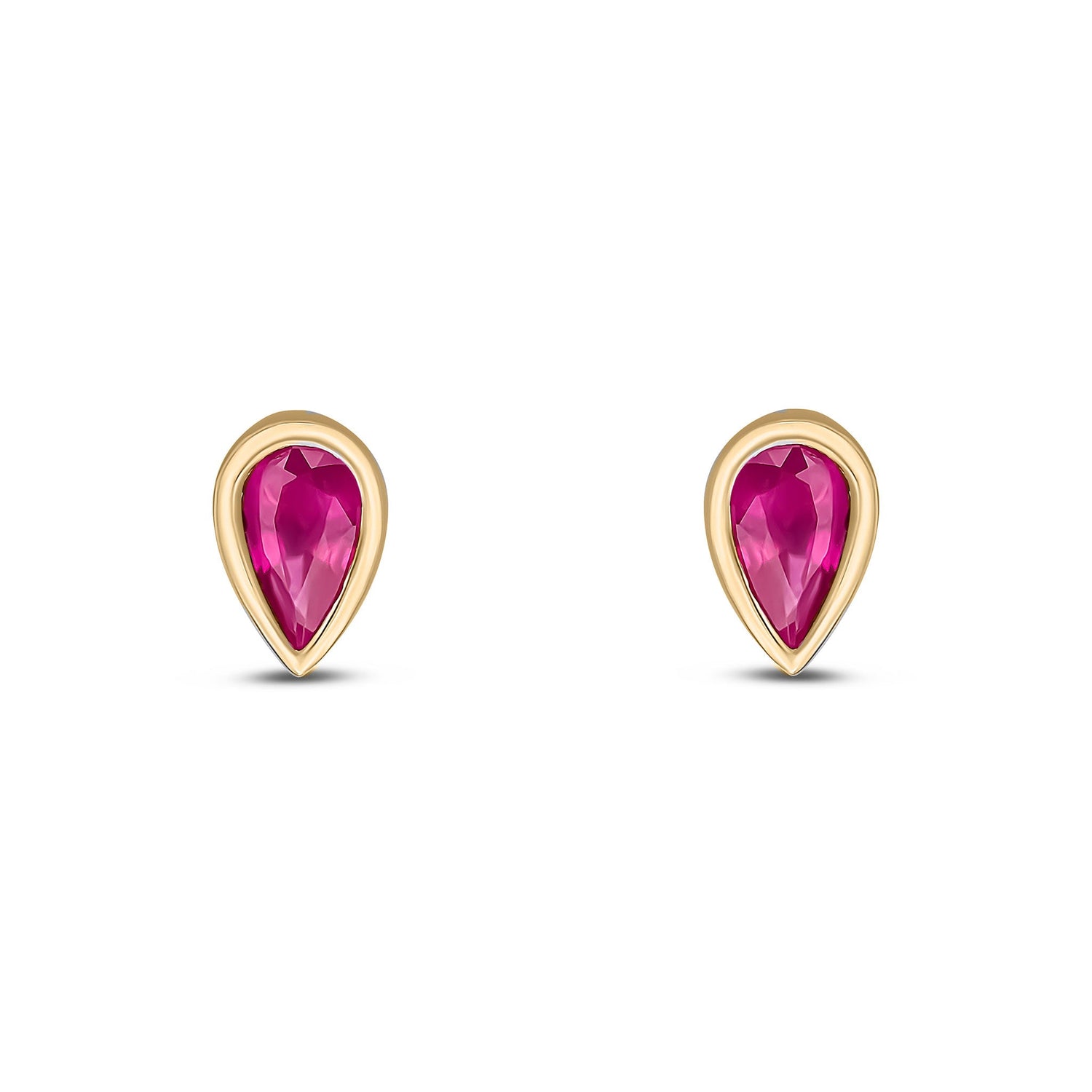 9ct Yellow Gold Pear Shaped Natural Ruby Rubover Stud Earrings — 5x3mm