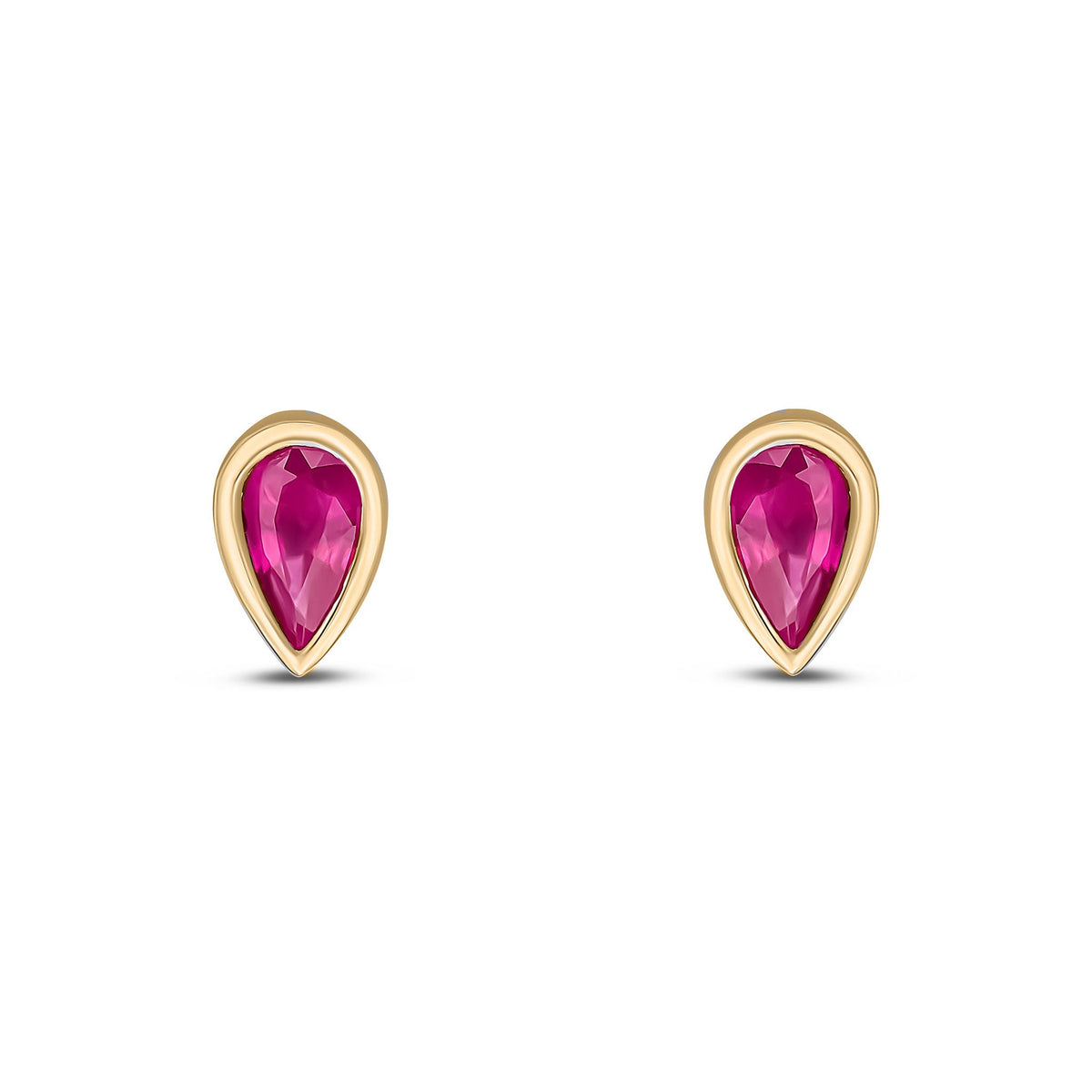 9ct Yellow Gold Pear Shaped Natural Ruby Rubover Stud Earrings — 5x3mm