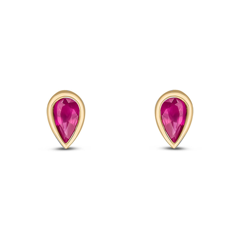 9ct Yellow Gold Pear Shaped Natural Ruby Rubover Stud Earrings — 5x3mm