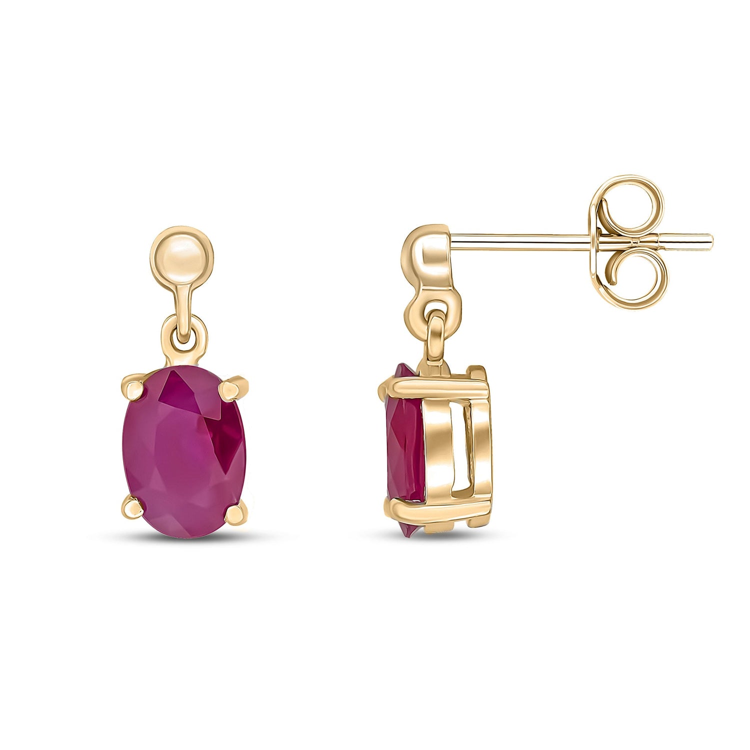 9ct Yellow Gold Oval Shaped Natural Ruby Claw Drop Earrings — 7x5mm