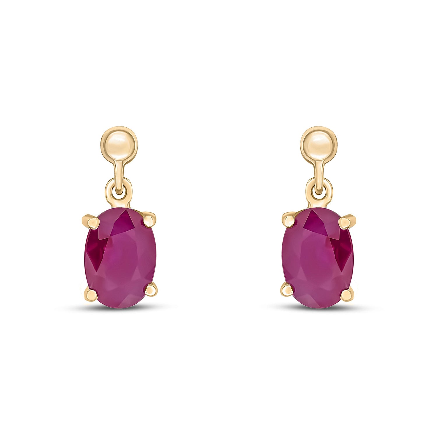 9ct Yellow Gold Oval Shaped Natural Ruby Claw Drop Earrings — 7x5mm