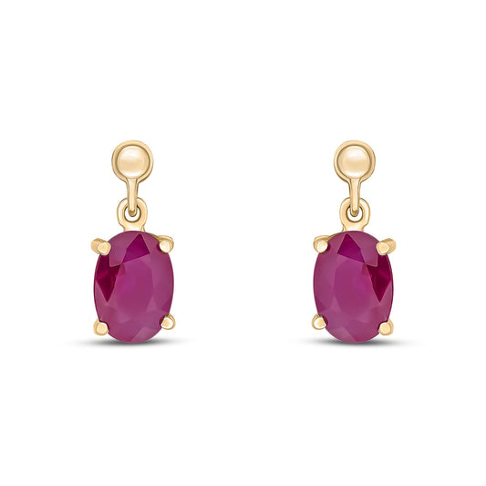 9ct Yellow Gold Oval Shaped Natural Ruby Claw Drop Earrings — 7x5mm