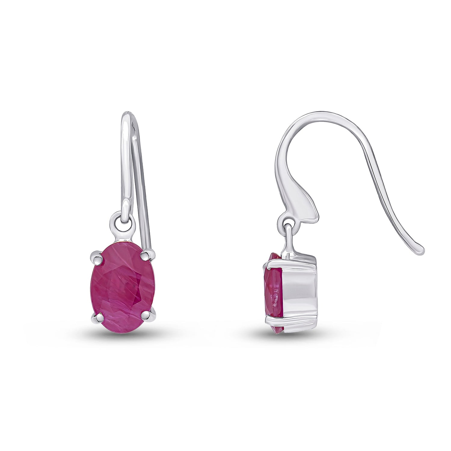9ct White Gold Oval Natural Ruby Claw Hook Wire Drop Earrings — 7x5mm