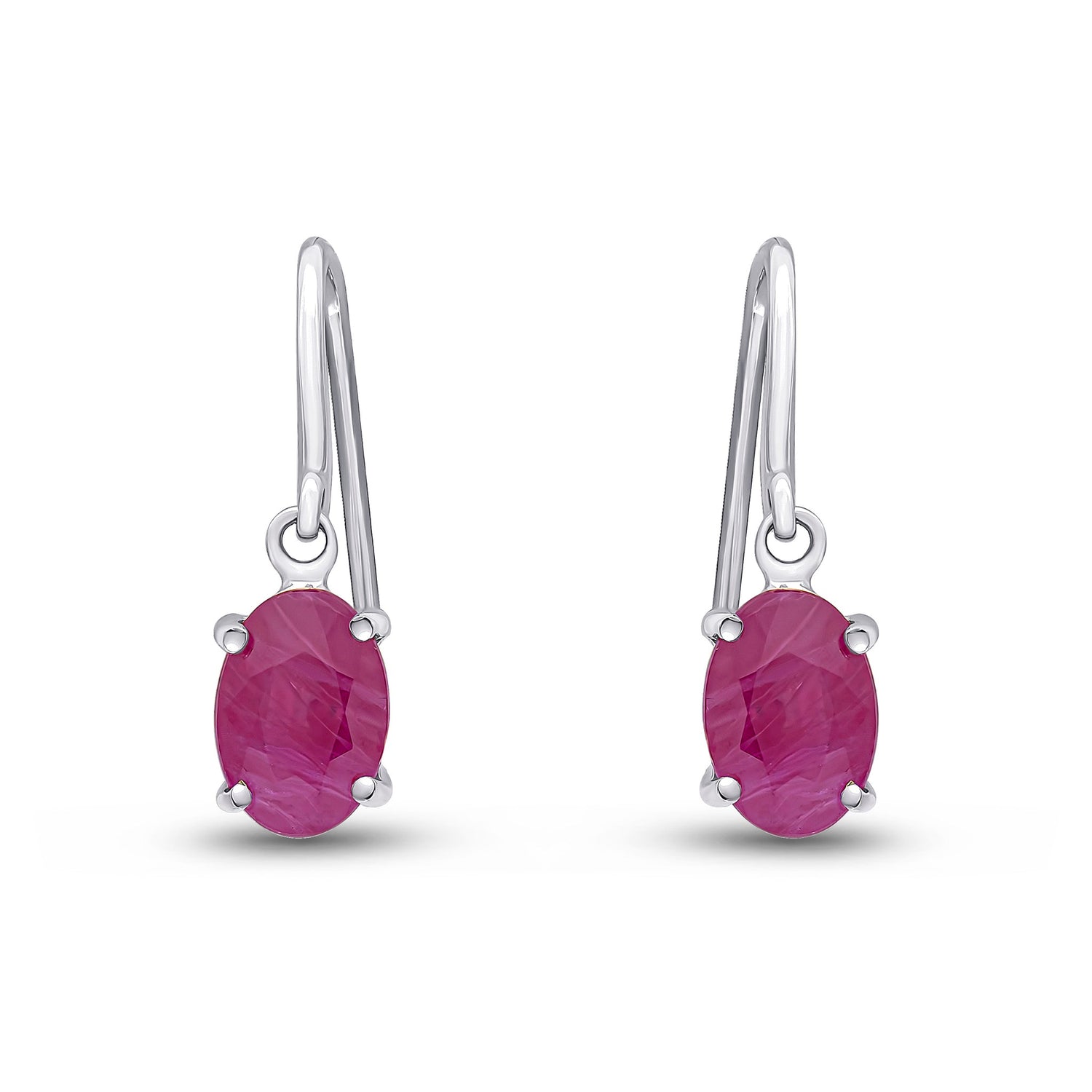 9ct White Gold Oval Natural Ruby Claw Hook Wire Drop Earrings — 7x5mm