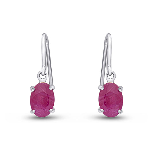 9ct White Gold Oval Natural Ruby Claw Hook Wire Drop Earrings — 7x5mm