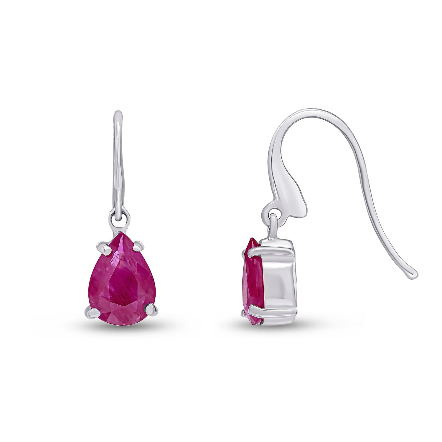 9ct White Gold Pear Shaped Natural Ruby Claw Wire Hook Drop Earrings — 7x5mm