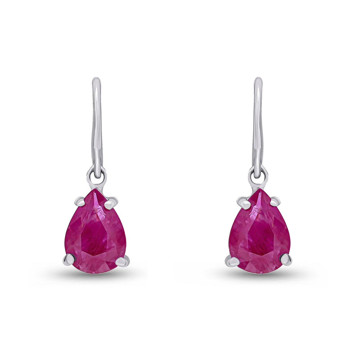 9ct White Gold Pear Shaped Natural Ruby Claw Wire Hook Drop Earrings — 7x5mm