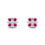 9ct White Gold Round Natural Ruby Rubover Quatrefoil Stud Earrings with Cross Centre