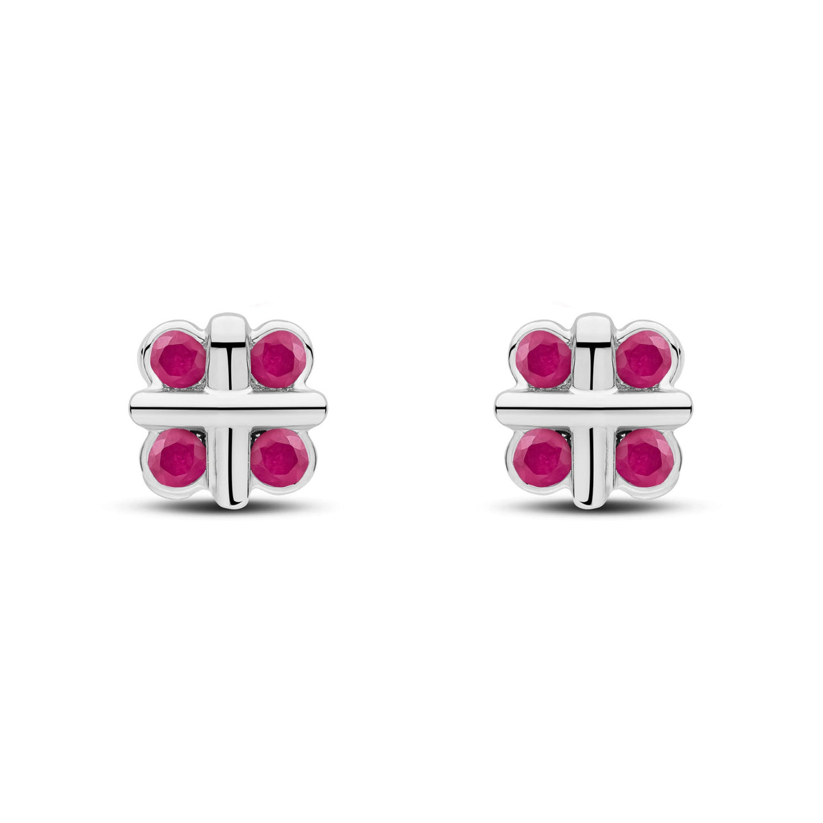 9ct White Gold Round Natural Ruby Rubover Quatrefoil Stud Earrings with Cross Centre
