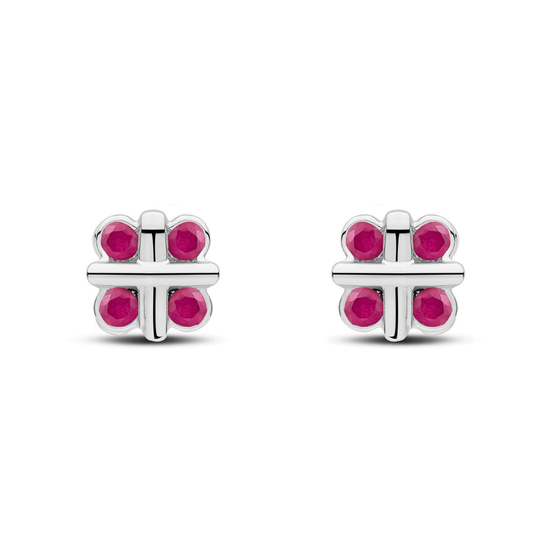 9ct White Gold Round Natural Ruby Rubover Quatrefoil Stud Earrings with Cross Centre