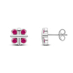 9ct White Gold Round Natural Ruby Rubover Quatrefoil Stud Earrings with Cross Centre