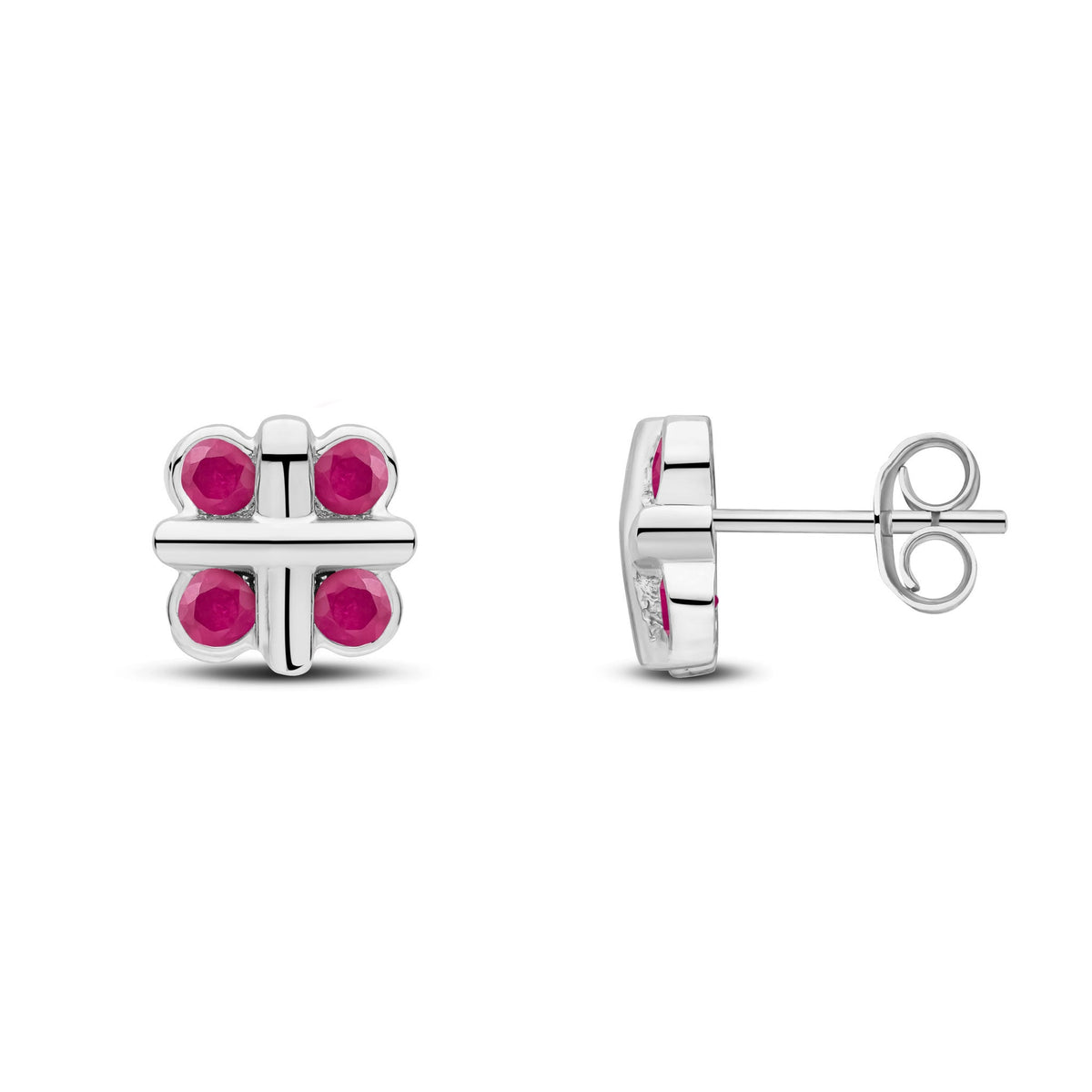 9ct White Gold Round Natural Ruby Rubover Quatrefoil Stud Earrings with Cross Centre