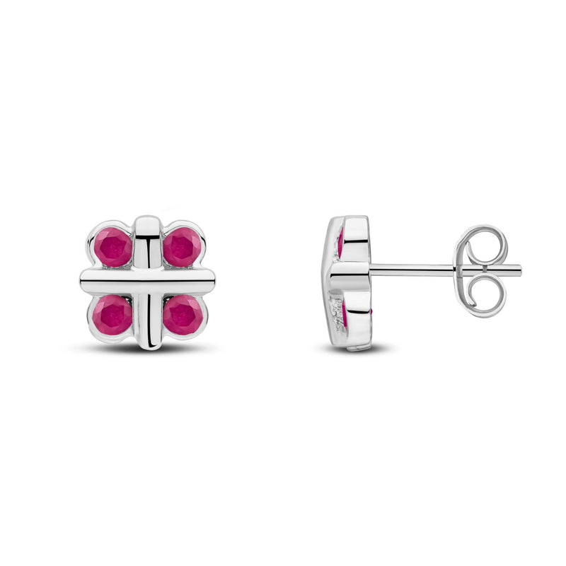 9ct White Gold Round Natural Ruby Rubover Quatrefoil Stud Earrings with Cross Centre