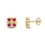 9ct Yellow Gold Round Natural Ruby Rubover Quatrefoil Stud Earrings with Cross Centre