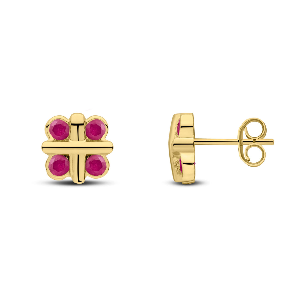 9ct Yellow Gold Round Natural Ruby Rubover Quatrefoil Stud Earrings with Cross Centre
