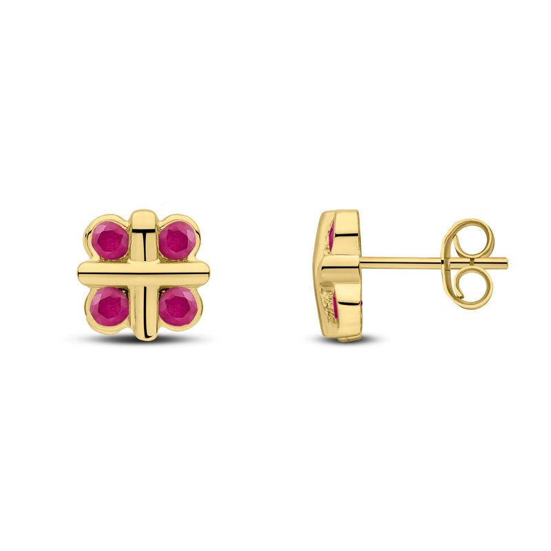 9ct Yellow Gold Round Natural Ruby Rubover Quatrefoil Stud Earrings with Cross Centre