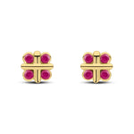 9ct Yellow Gold Round Natural Ruby Rubover Quatrefoil Stud Earrings with Cross Centre