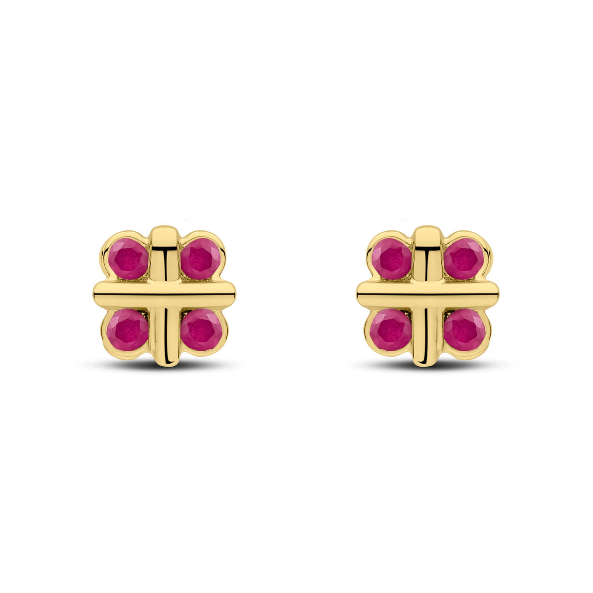 9ct Yellow Gold Round Natural Ruby Rubover Quatrefoil Stud Earrings with Cross Centre