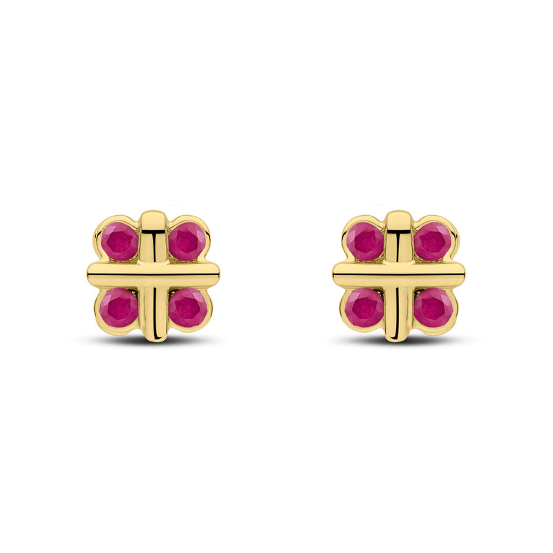 9ct Yellow Gold Round Natural Ruby Rubover Quatrefoil Stud Earrings with Cross Centre