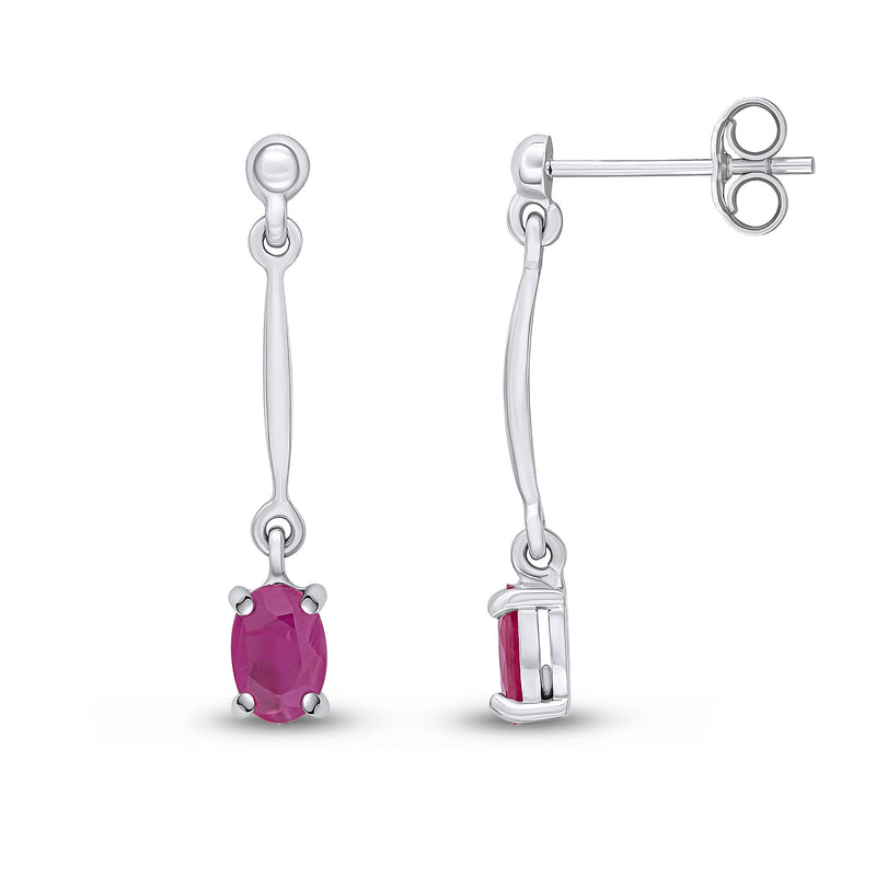 9ct White Gold Oval Natural Ruby Claw Bar Drop Earrings — 6x4mm