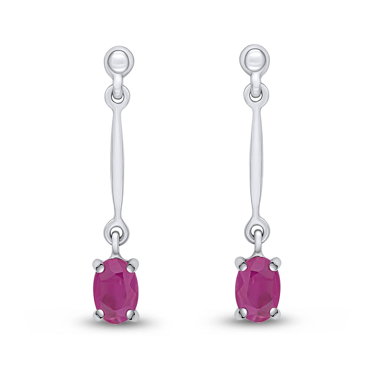 9ct White Gold Oval Natural Ruby Claw Bar Drop Earrings — 6x4mm