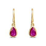 9ct Yellow Gold Pear Shaped Natural Ruby Rubover Wire Hook Drop Earrings — 6x4mm