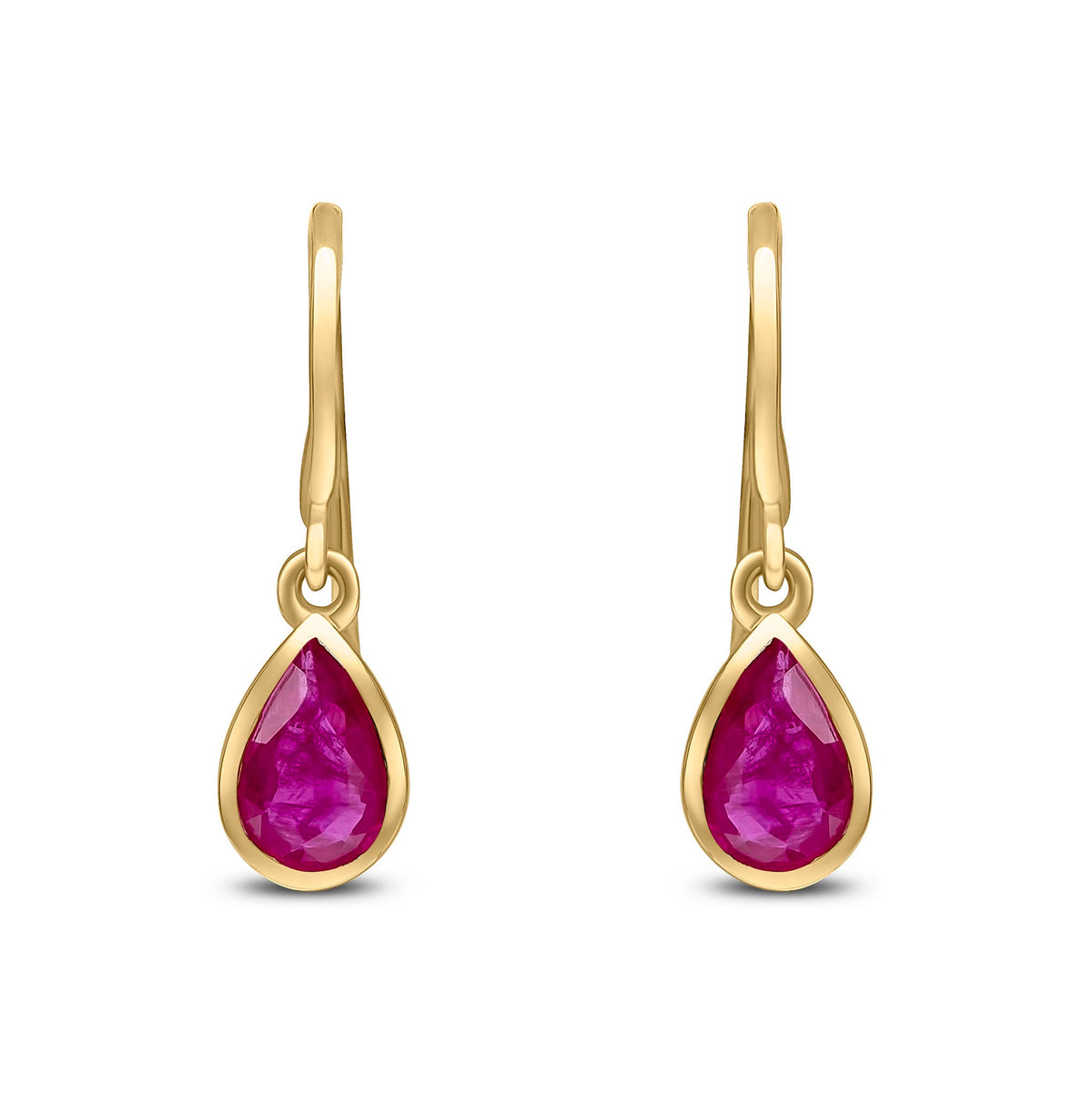 9ct Yellow Gold Pear Shaped Natural Ruby Rubover Wire Hook Drop Earrings — 6x4mm