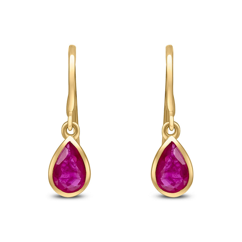 9ct Yellow Gold Pear Shaped Natural Ruby Rubover Wire Hook Drop Earrings — 6x4mm