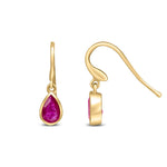 9ct Yellow Gold Pear Shaped Natural Ruby Rubover Wire Hook Drop Earrings — 6x4mm