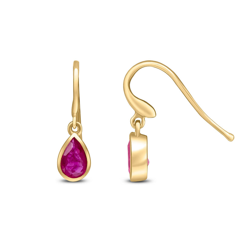 9ct Yellow Gold Pear Shaped Natural Ruby Rubover Wire Hook Drop Earrings — 6x4mm