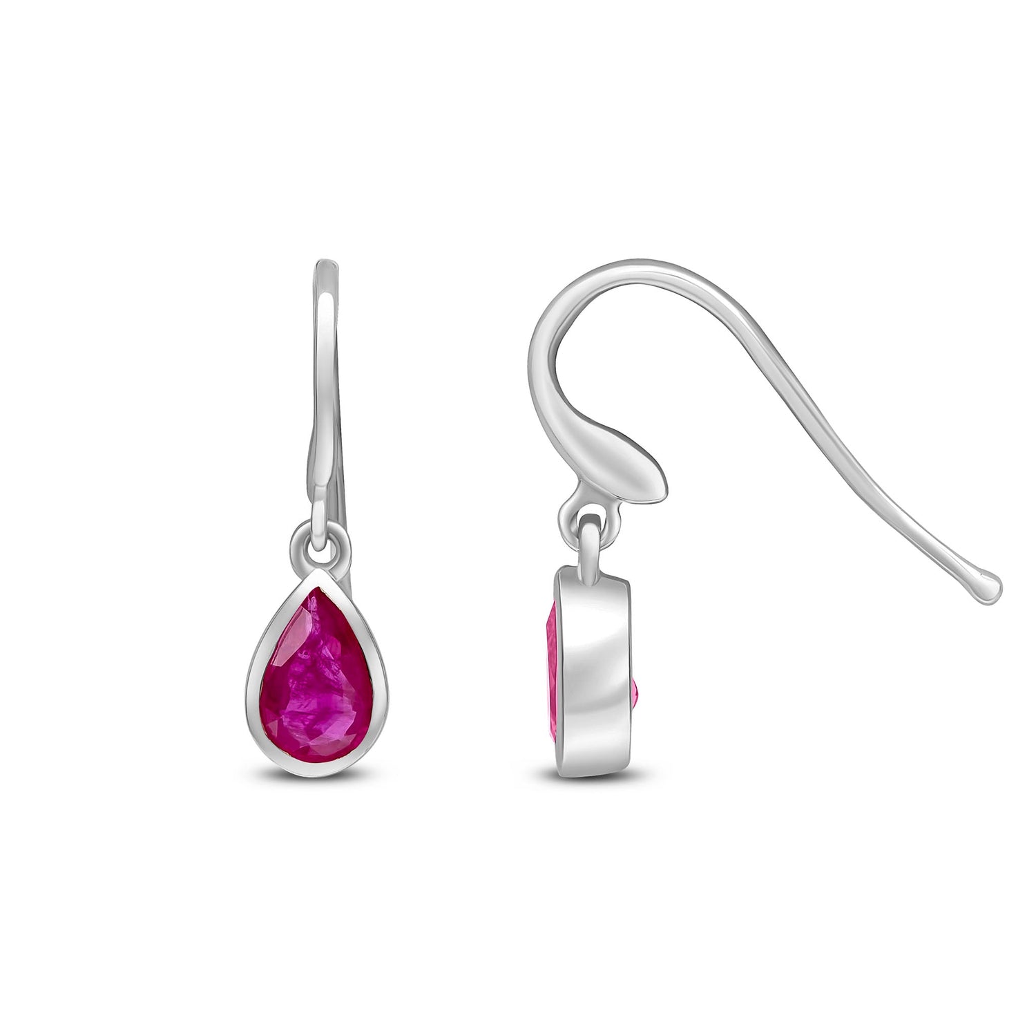 9ct White Gold Pear Shaped Natural Ruby Rubover Wire Hook Drop Earrings — 6x4mm
