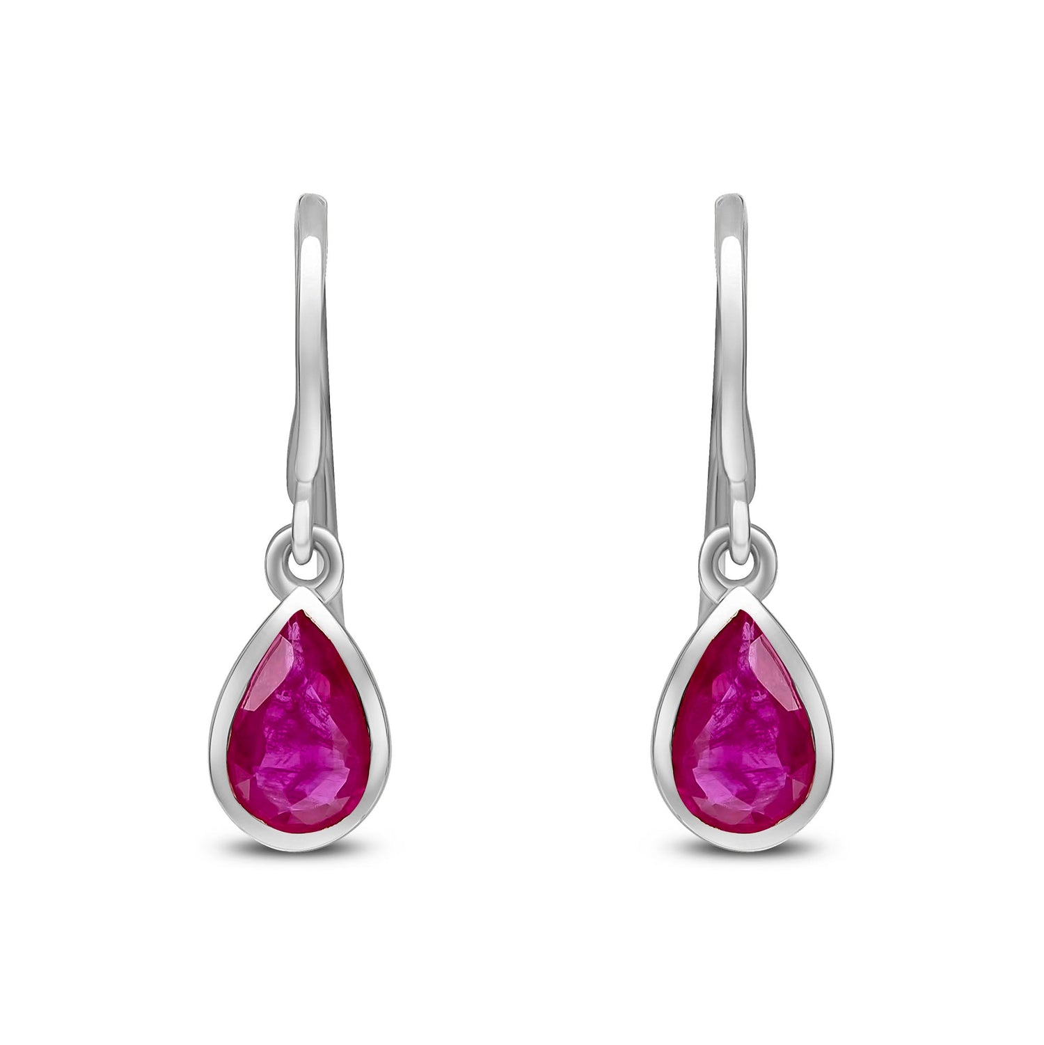 9ct White Gold Pear Shaped Natural Ruby Rubover Wire Hook Drop Earrings — 6x4mm