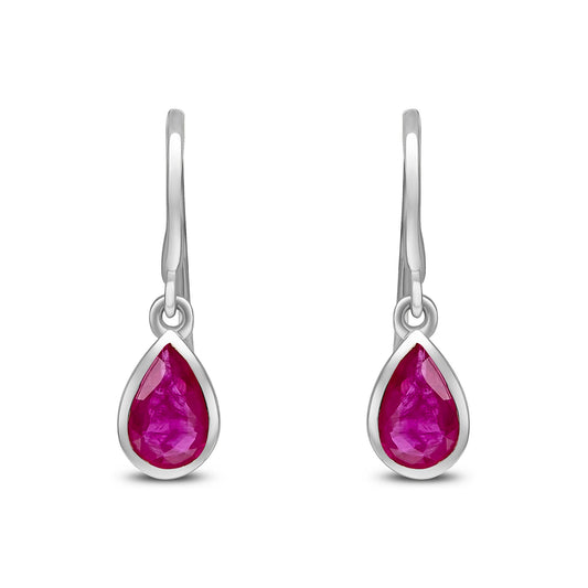 9ct White Gold Pear Shaped Natural Ruby Rubover Wire Hook Drop Earrings — 6x4mm