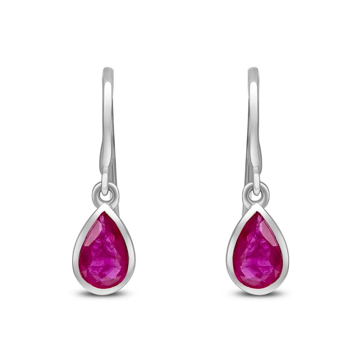 9ct White Gold Pear Shaped Natural Ruby Rubover Wire Hook Drop Earrings — 6x4mm