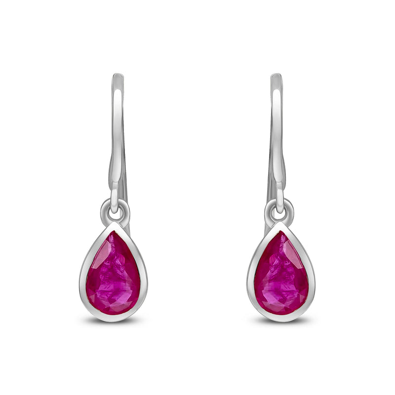 9ct White Gold Pear Shaped Natural Ruby Rubover Wire Hook Drop Earrings — 6x4mm
