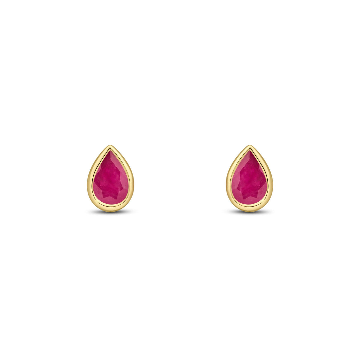 9ct Yellow Gold Pear Shaped Natural Ruby Rubover Stud Earrings — 6x4mm