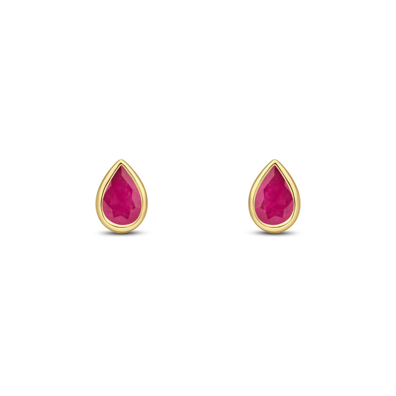 9ct Yellow Gold Pear Shaped Natural Ruby Rubover Stud Earrings — 6x4mm
