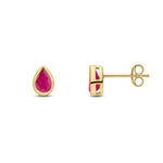 9ct Yellow Gold Pear Shaped Natural Ruby Rubover Stud Earrings — 6x4mm