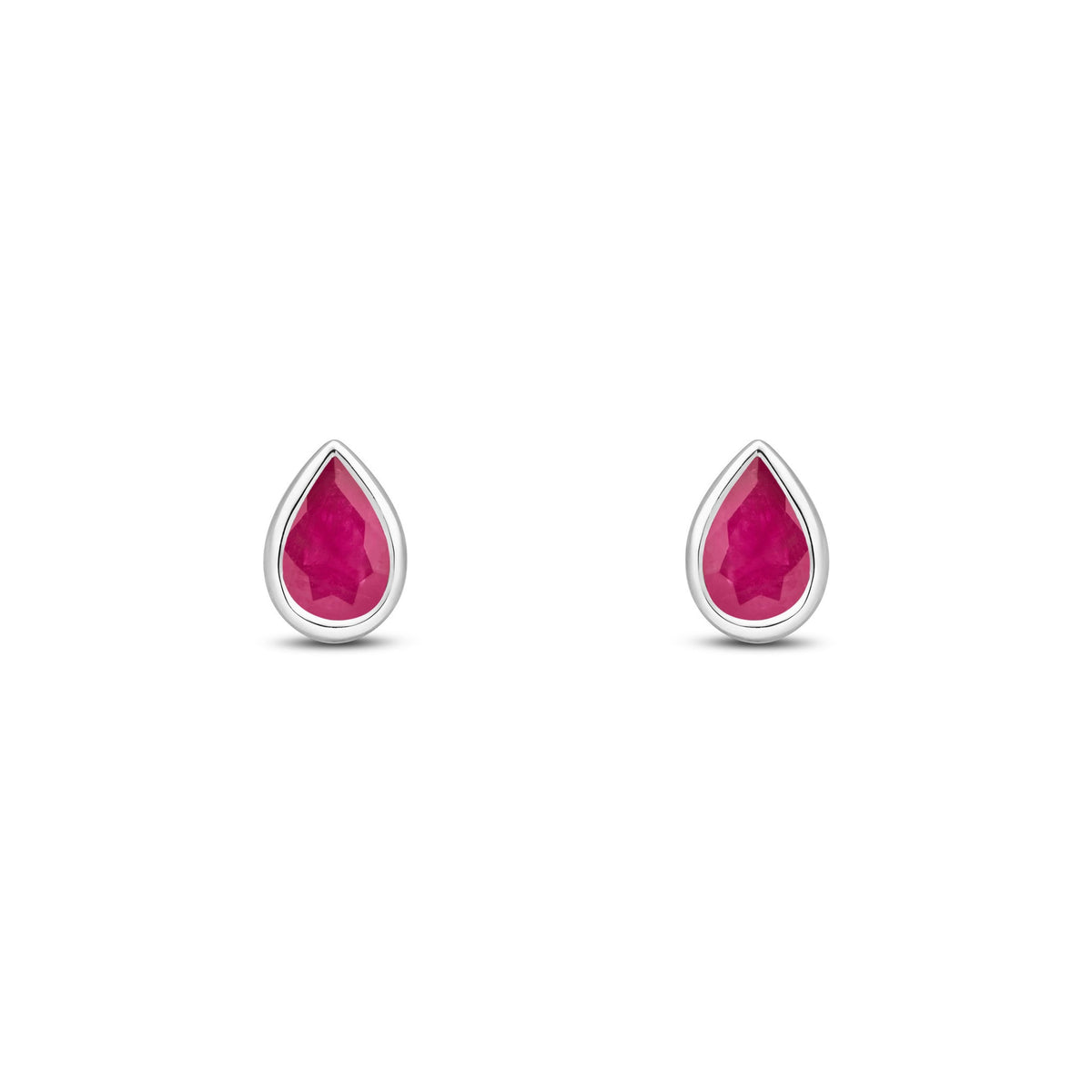 9ct White Gold Pear Shaped Natural Ruby Rubover Stud Earrings — 6x4mm