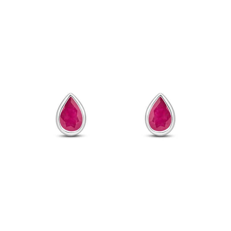 9ct White Gold Pear Shaped Natural Ruby Rubover Stud Earrings — 6x4mm