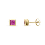 9ct Yellow Gold Square Natural Ruby Rubover Stud Earrings — 4mm