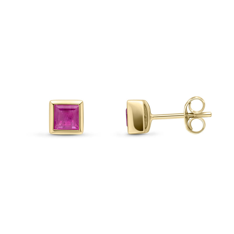 9ct Yellow Gold Square Natural Ruby Rubover Stud Earrings — 4mm