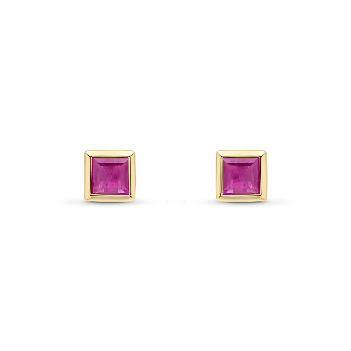 9ct Yellow Gold Square Natural Ruby Rubover Stud Earrings — 4mm