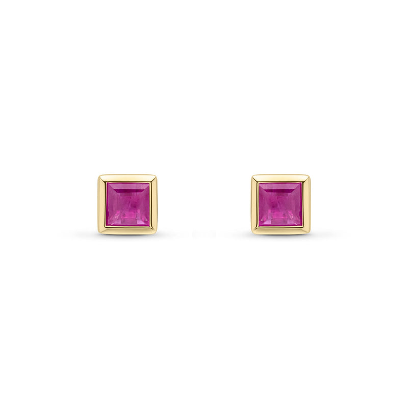 9ct Yellow Gold Square Natural Ruby Rubover Stud Earrings — 4mm