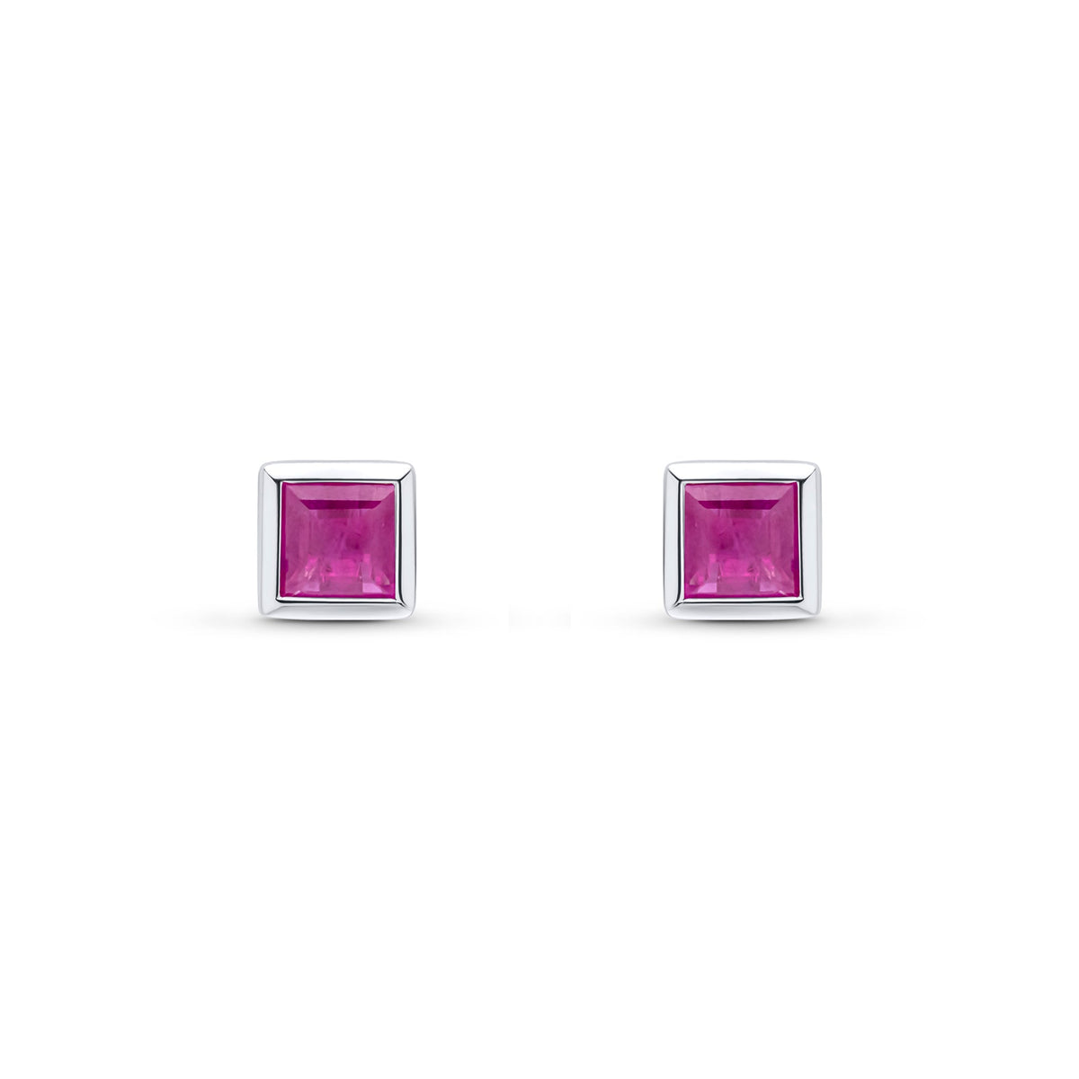9ct White Gold Square Natural Ruby Rubover Stud Earrings — 4mm