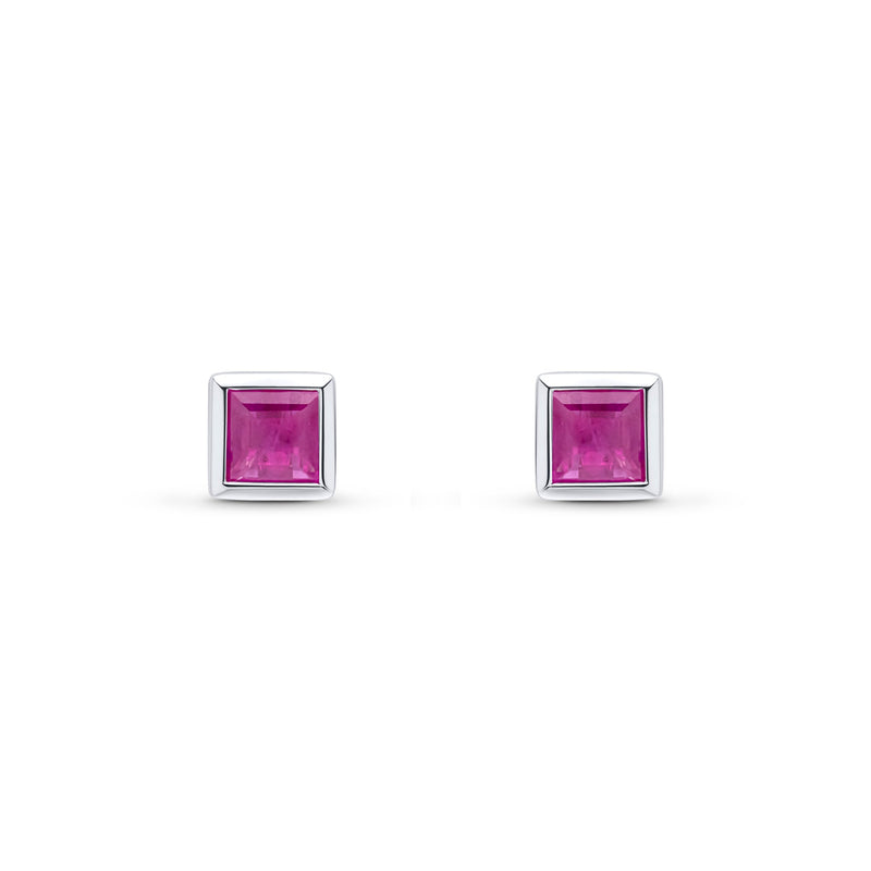 9ct White Gold Square Natural Ruby Rubover Stud Earrings — 4mm