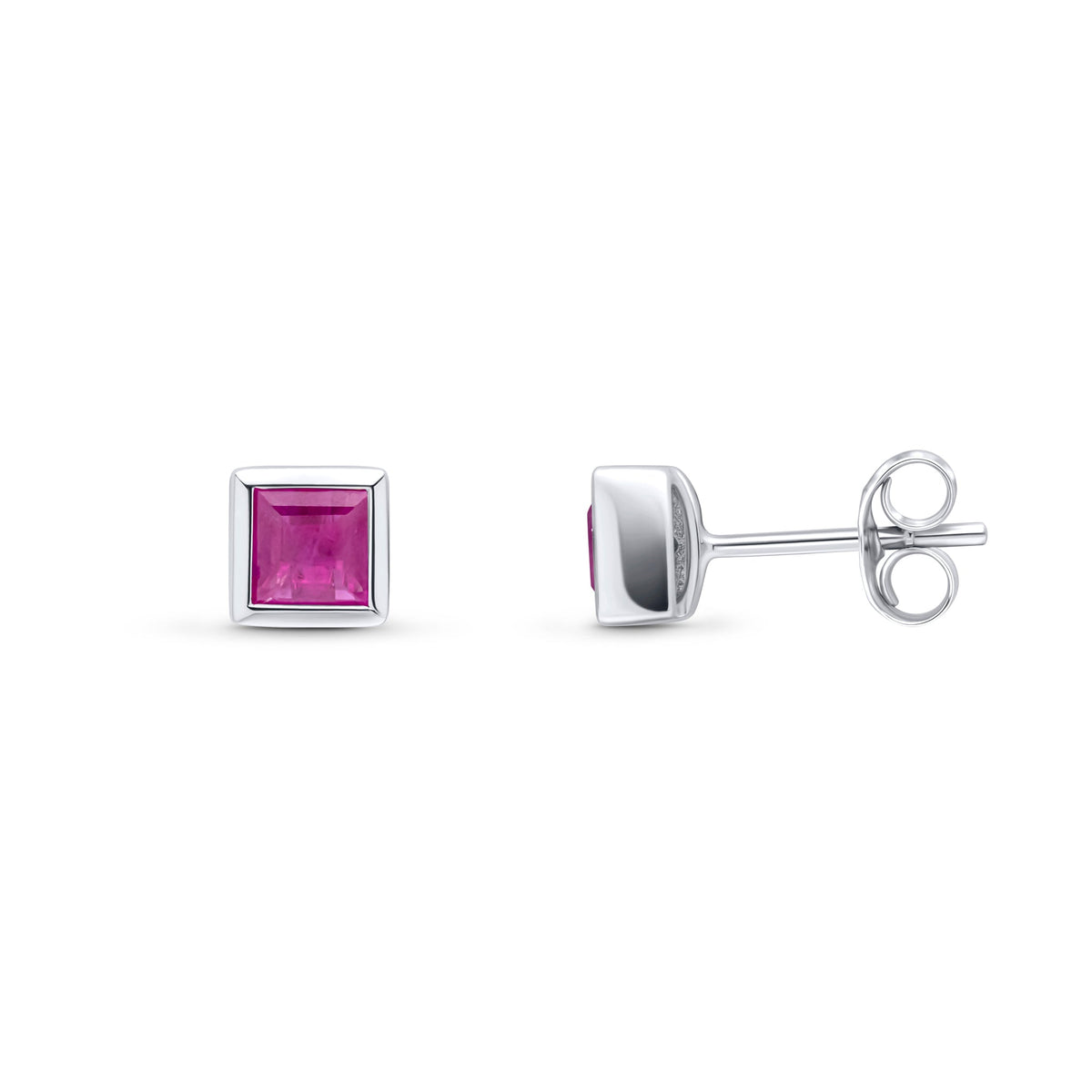 9ct White Gold Square Natural Ruby Rubover Stud Earrings — 4mm