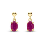 9ct Yellow Gold Oval Natural Ruby Claw Drop Earrings with Bead Top — 6x4mm