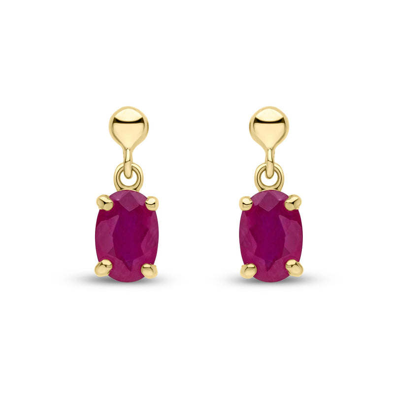 9ct Yellow Gold Oval Natural Ruby Claw Drop Earrings with Bead Top — 6x4mm
